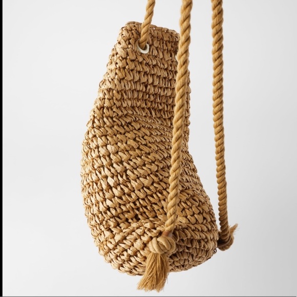 Zara Raffia Duffle Rope Backpack Bag Natural - Picture 3 of 7
